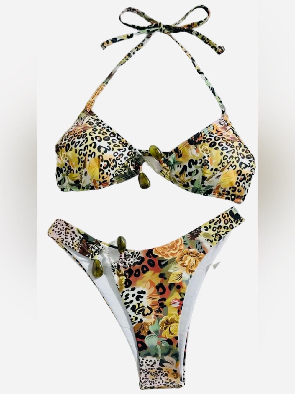 Floral Leopard Print Halter Bikini Set